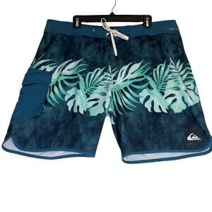 Quiksilver Bathing Suit Men 38W Side Pocket Hook/Loop Fly String Swim Beach Blue